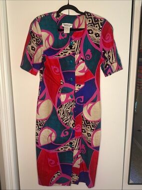 VINTAGE Teal & Pink Abstract American Design Dress